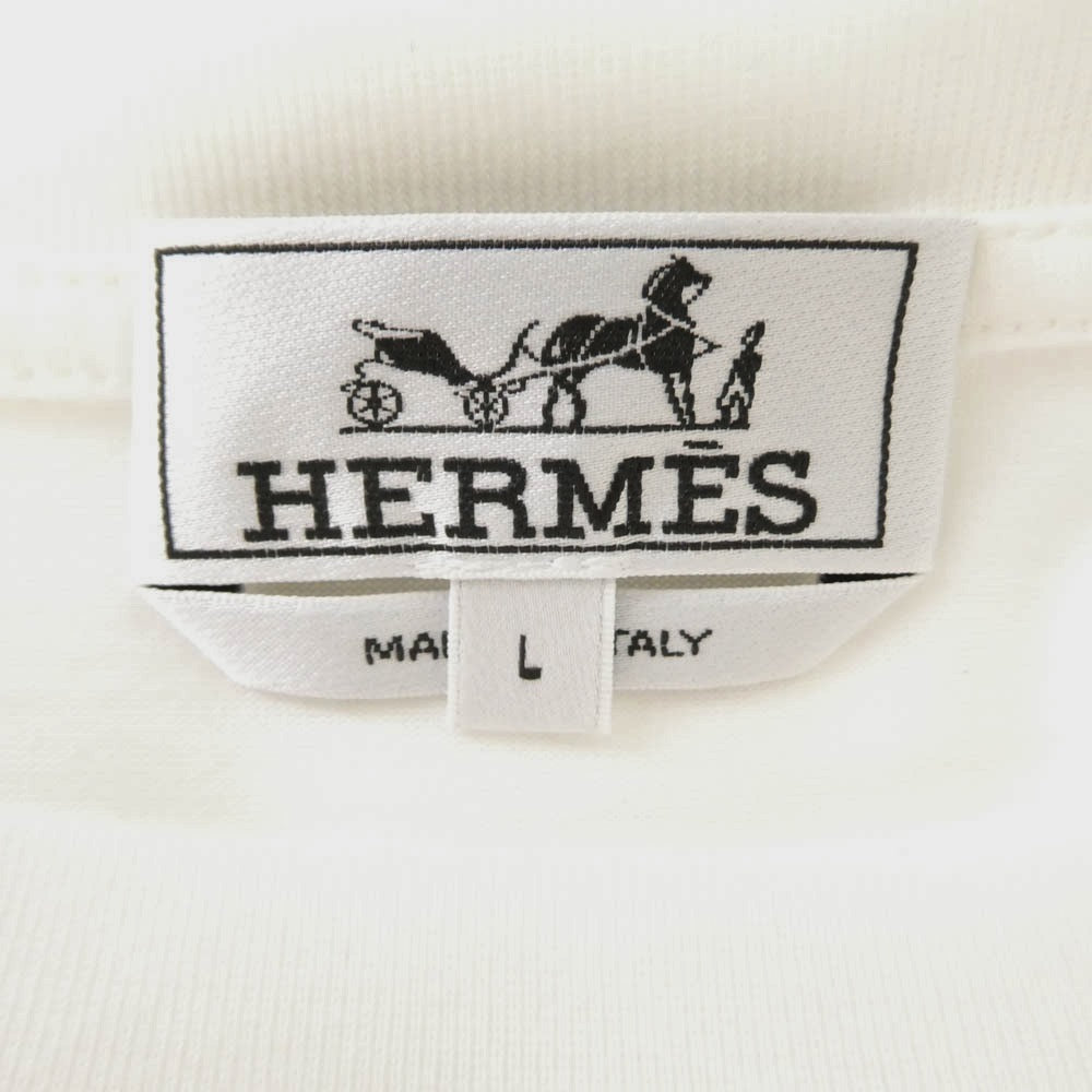 HERMES エルメス イタリア製 JEU D'ADRESS ミニレザーパッチ ジュ ダドレス レザーパッチ ロゴ 半袖 Tシャツ ホワイト系 L【極上美品】【中古】