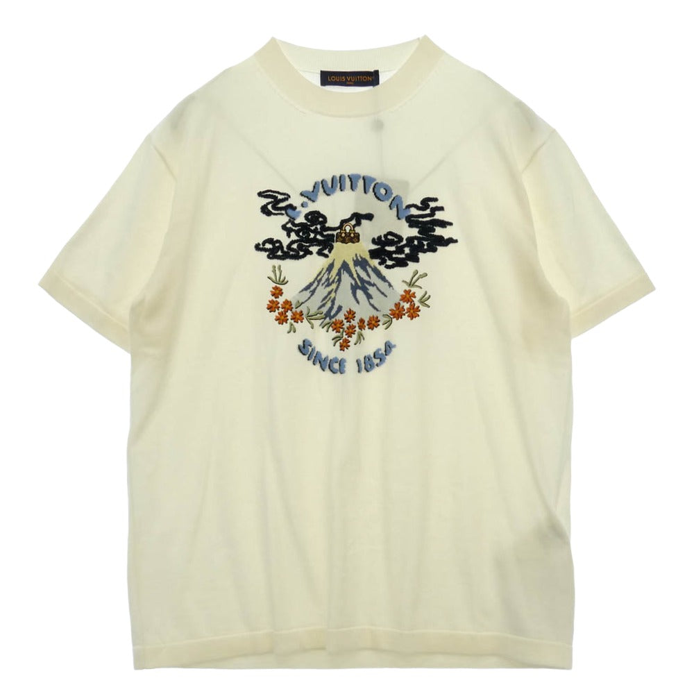 LOUIS VUITTON ルイ・ヴィトン 1AIMAU × NIGO ファレル・ウイリアムスト スリーブショート ニット クルーネック オーガニックコットン 半袖 刺繍 ロゴ サマーニット ホワイト系 XL【新古品】【未使用】【中古】