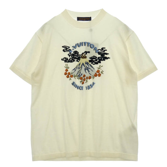 LOUIS VUITTON ルイ・ヴィトン 1AIMAU × NIGO ファレル・ウイリアムスト スリーブショート ニット クルーネック オーガニックコットン 半袖 刺繍 ロゴ サマーニット ホワイト系 XL【新古品】【未使用】【中古】