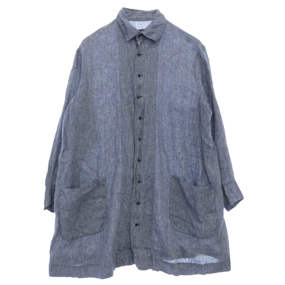 シェ ヴィダレンク ストライプ リネン 長袖 ロングシャツ ネイビー系 2【美品】【中古】