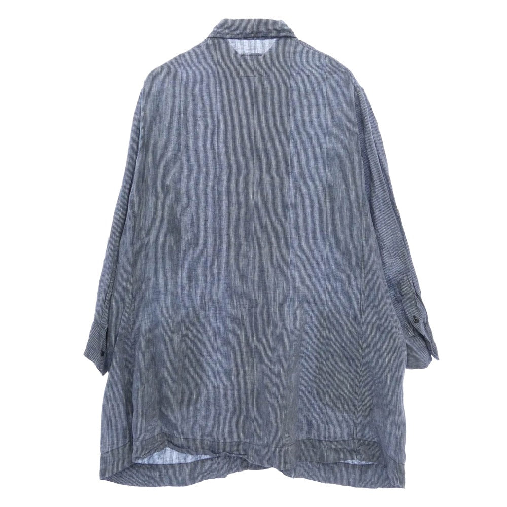 シェ ヴィダレンク ストライプ リネン 長袖 ロングシャツ ネイビー系 2【美品】【中古】