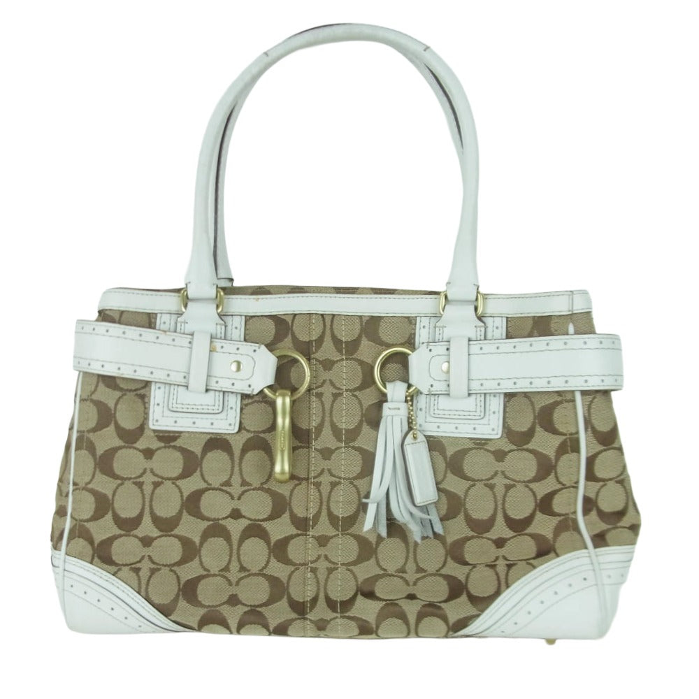 COACH コーチ H0673-10508 シグネチャー レザー キャンバス ハンド バッグ トートバッグ ホワイト系 ブラウン系【中古】