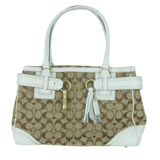 COACH コーチ H0673-10508 シグネチャー レザー キャンバス ハンド バッグ トートバッグ ホワイト系 ブラウン系【中古】