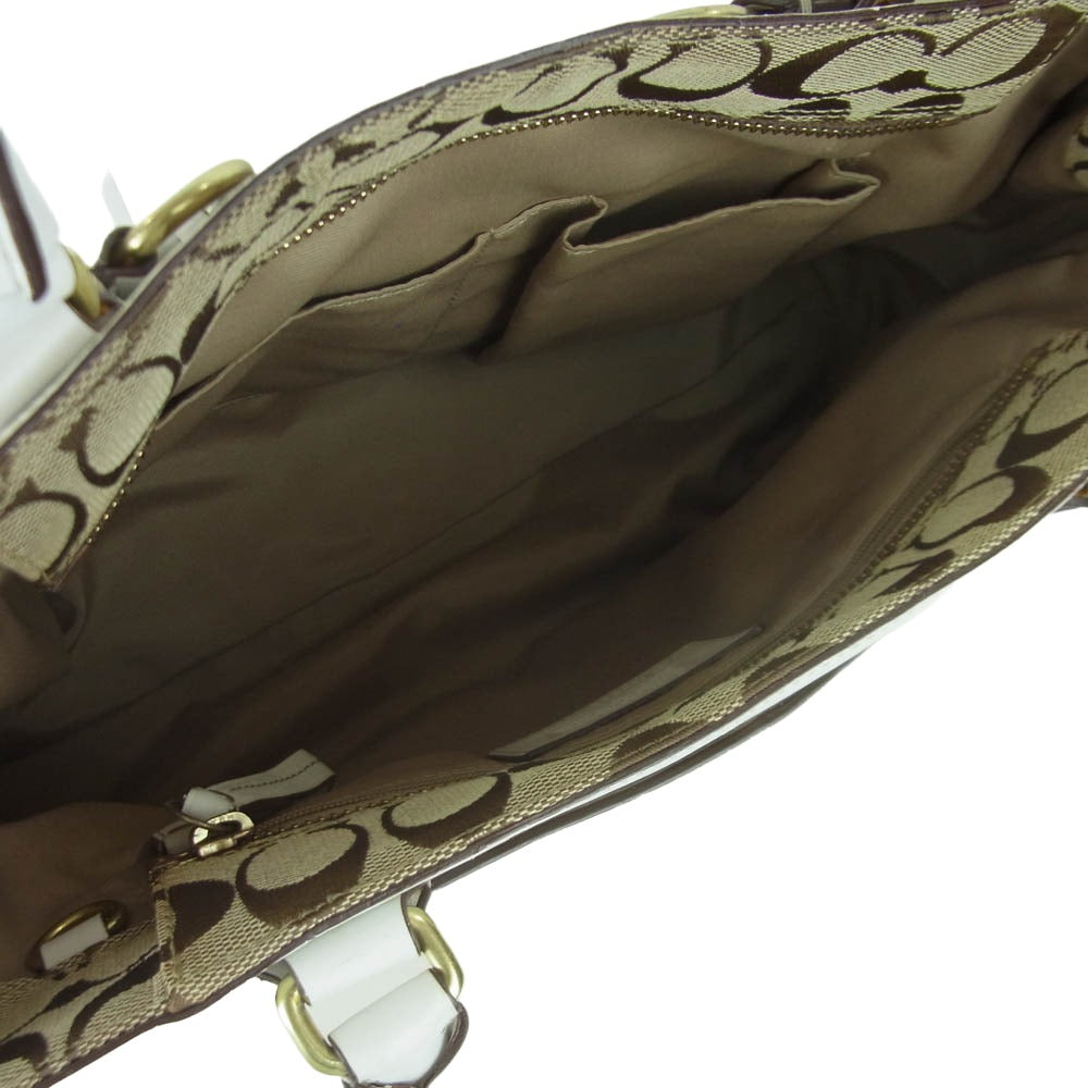 COACH コーチ H0673-10508 シグネチャー レザー キャンバス ハンド バッグ トートバッグ ホワイト系 ブラウン系【中古】