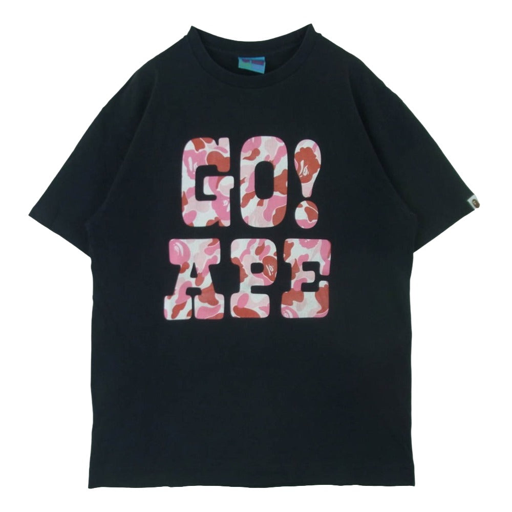 A BATHING APE アベイシングエイプ GO APE 迷彩 ロゴ プリント Tシャツ 半袖 コットン 日本製 ブラック系 L【中古】
