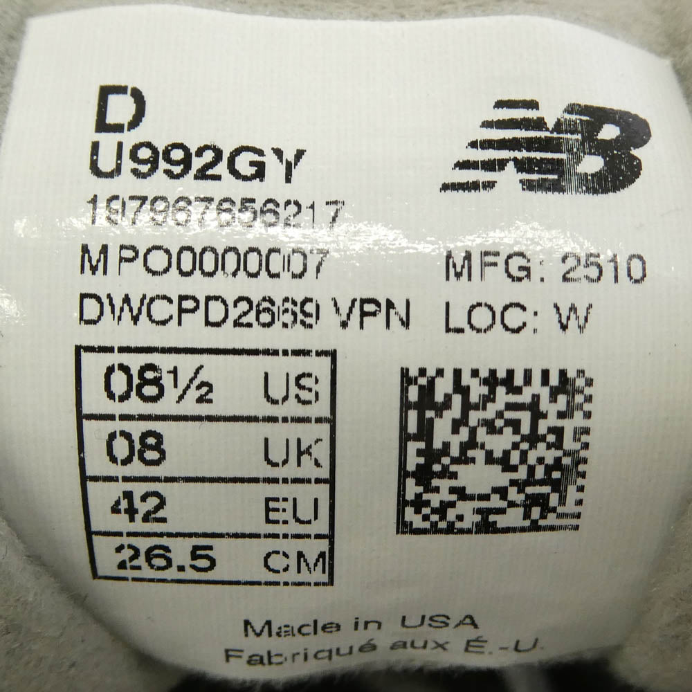 NEW BALANCE ニューバランス U992GY 【フェイクバスターズ鑑定済】USA製 992 Gray スエード メッシュ ローカット スニーカー グレー系 チャコール系 26.5cm【中古】