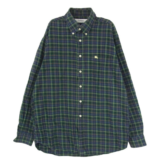 BURBERRY バーバリー 英国製 チェック 刺繍 ボタンダウン ロングスリーブ コットン シャツ 長袖 ネイビー系 XL【中古】