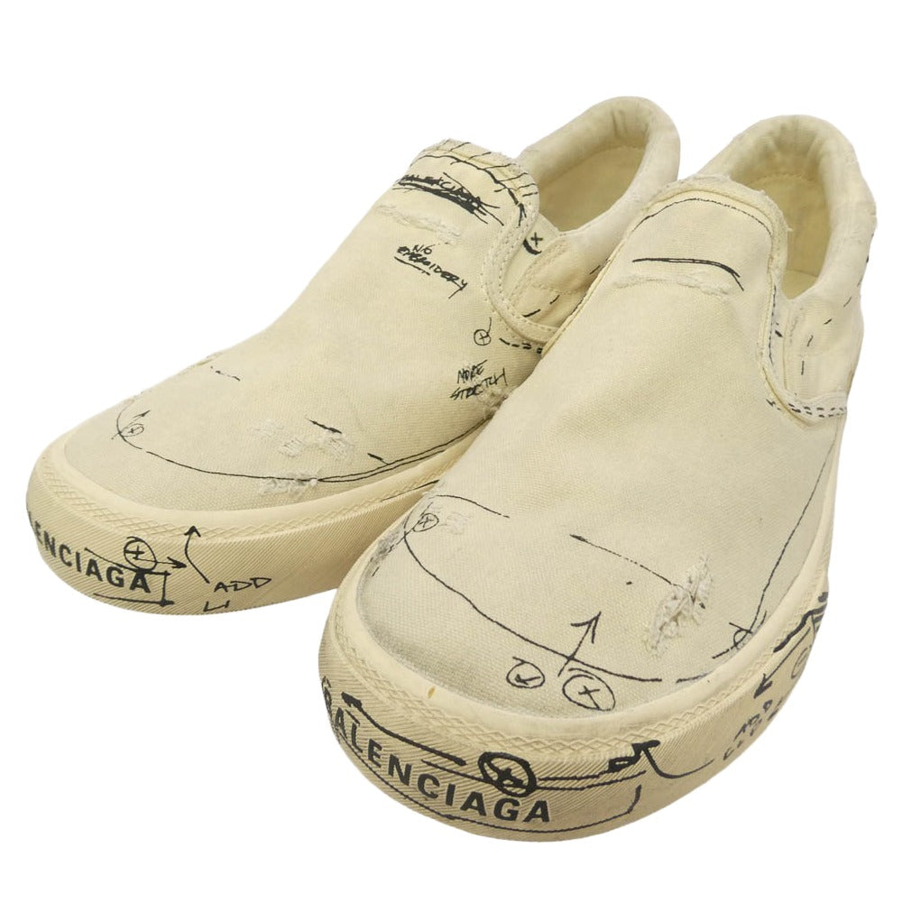 BALENCIAGA バレンシアガ 710297 Graffiti Distressed Slip-On Sneakers ヴィンテージ加工 グラフィティ ディストレスド スリッポン ローカット シューズ オフホワイト系 43【中古】