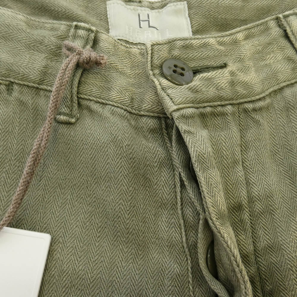 ヘリル 26SS 26-030-HL-8290-10 USMC HBT Linenpants ヘリンボーン柄 ウォッシュ加工 ペイント加工 ミリタリー パンツ トラウザーズ モスグリーン系 1【中古】