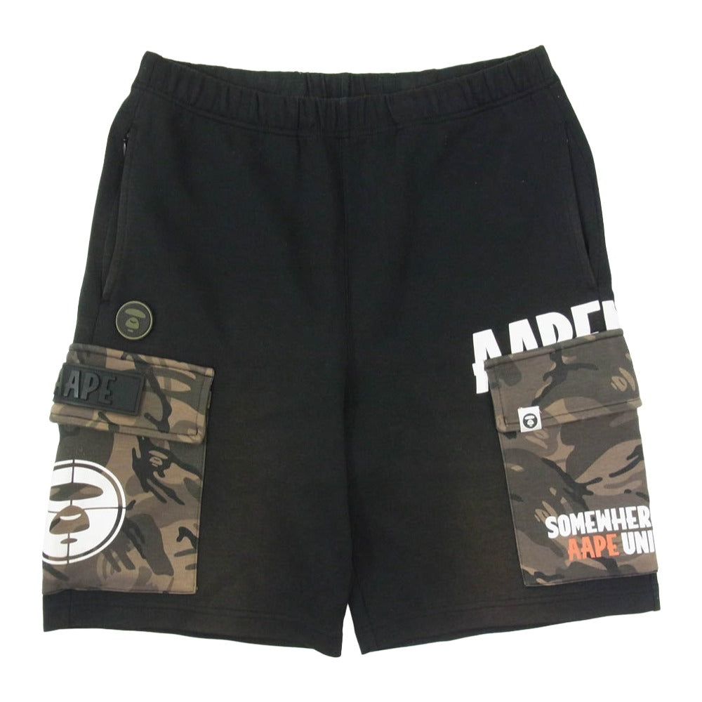 A BATHING APE アベイシングエイプ AAPSPM6630XXE AAPE エーエイプ カモフラージュ 迷彩柄ポケット スウェット カーゴ ショート パンツ ブラック系 M【中古】