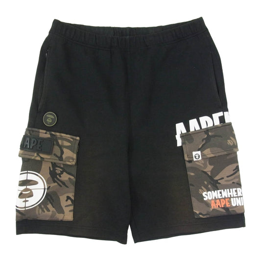 A BATHING APE アベイシングエイプ AAPSPM6630XXE AAPE エーエイプ カモフラージュ 迷彩柄ポケット スウェット カーゴ ショート パンツ ブラック系 M【中古】