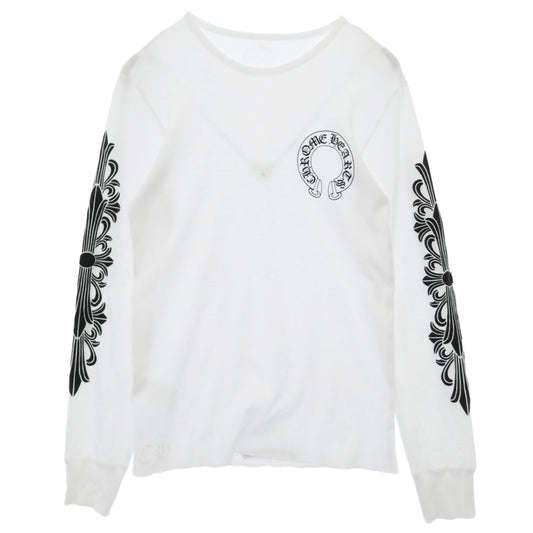 CHROME HEARTS クロムハーツ（原本無） Floral Cross Horseshoe Thermal L/S フローラル クロス ホースシュー プリント 長袖 サーマル カットソー ホワイト ホワイト系 L【中古】