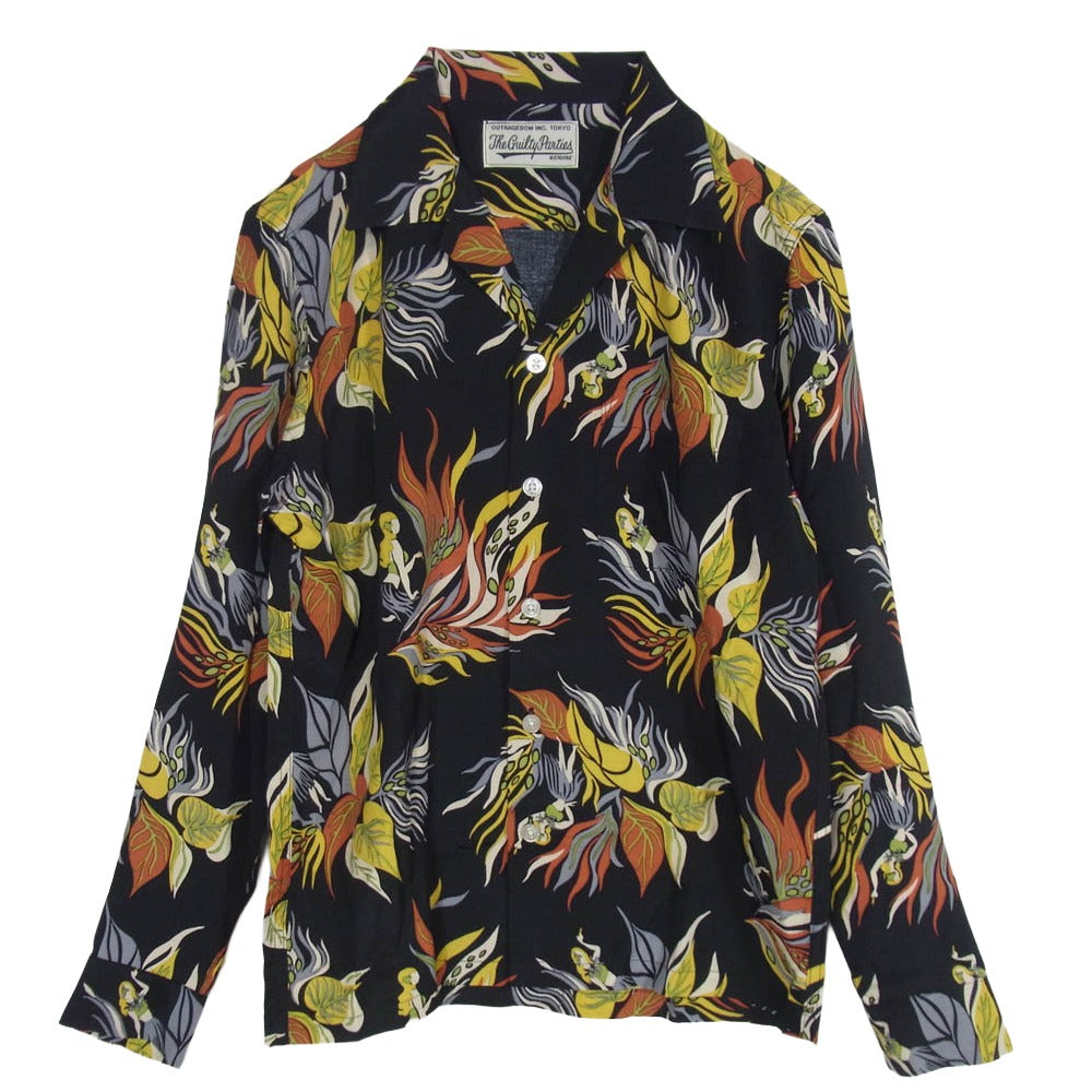 WACKO MARIA ワコマリア HAWAIIAN SHIRT L/S フラガールプリント オープンカラー 長袖 ハワイアンシャツ アロハシャツ ブラック系 S【美品】【中古】