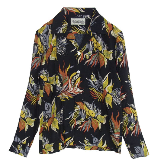 WACKO MARIA ワコマリア HAWAIIAN SHIRT L/S フラガールプリント オープンカラー 長袖 ハワイアンシャツ アロハシャツ ブラック系 S【美品】【中古】