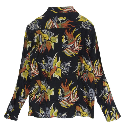 WACKO MARIA ワコマリア HAWAIIAN SHIRT L/S フラガールプリント オープンカラー 長袖 ハワイアンシャツ アロハシャツ ブラック系 S【美品】【中古】