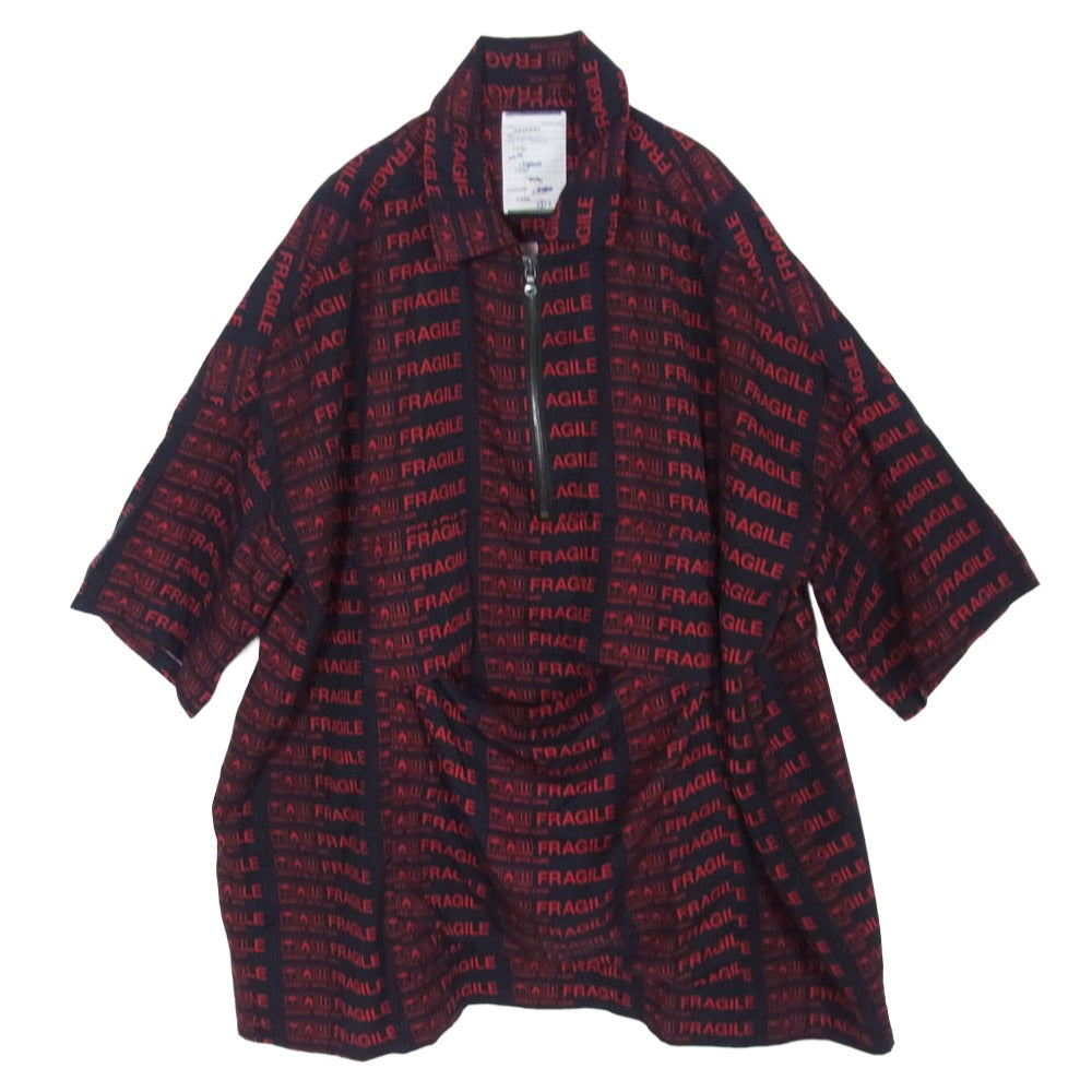SHAREEF シャリーフ 19SS 19533002 FRAGILE ROGO HALF-ZIP S/S SHIRTS ハーフシップ ロゴ 総柄 半袖 シャツ ダークネイビー系 1【中古】