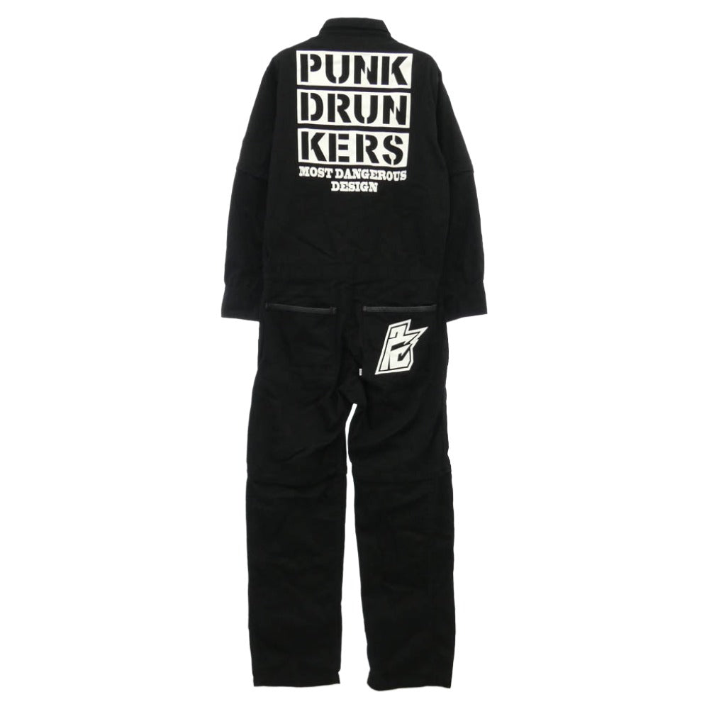 PUNK DRUNKERS パンクドランカーズ ワッペン バックプリント ロゴ 刺繍 オールインワン ツナギ ブラック系 L【中古】