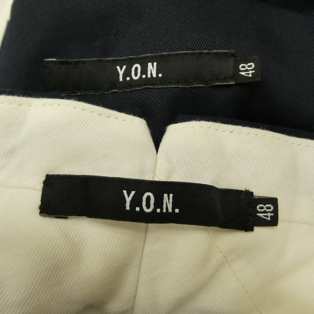 ワイオーエヌ 18AW YON18AW-JK003 YON-TROUSERS-01 マーセライズド テーラードジャケット スタンダード トラウザーズ パンツ セットアップ ネイビー系 48【中古】