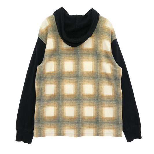 Supreme シュプリーム 17AW Shadow Plaid Hooded L/S Top チェック 切替 刺? ロゴ プルオーバー パーカー ベージュ系 ブラック系 S【中古】