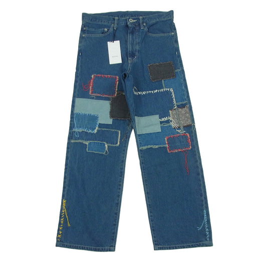 KUON クオン 116PT016000 Sashiko Mended Denim Trousers 刺し子 パッチワーク ステッチデザイン デニム パンツ ジーンズ インディゴブルー系 72 S【極上美品】【中古】