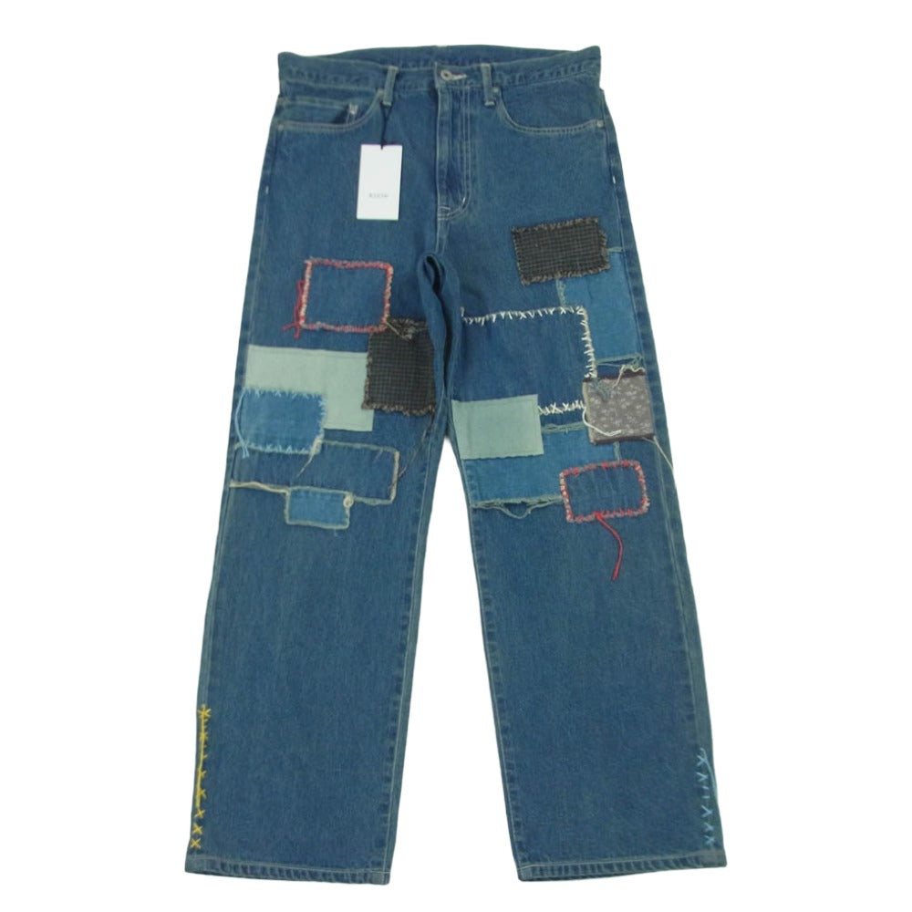 KUON クオン 116PT016000 Sashiko Mended Denim Trousers 刺し子 パッチワーク ステッチデザイン デニム パンツ ジーンズ インディゴブルー系 72 M【極上美品】【中古】
