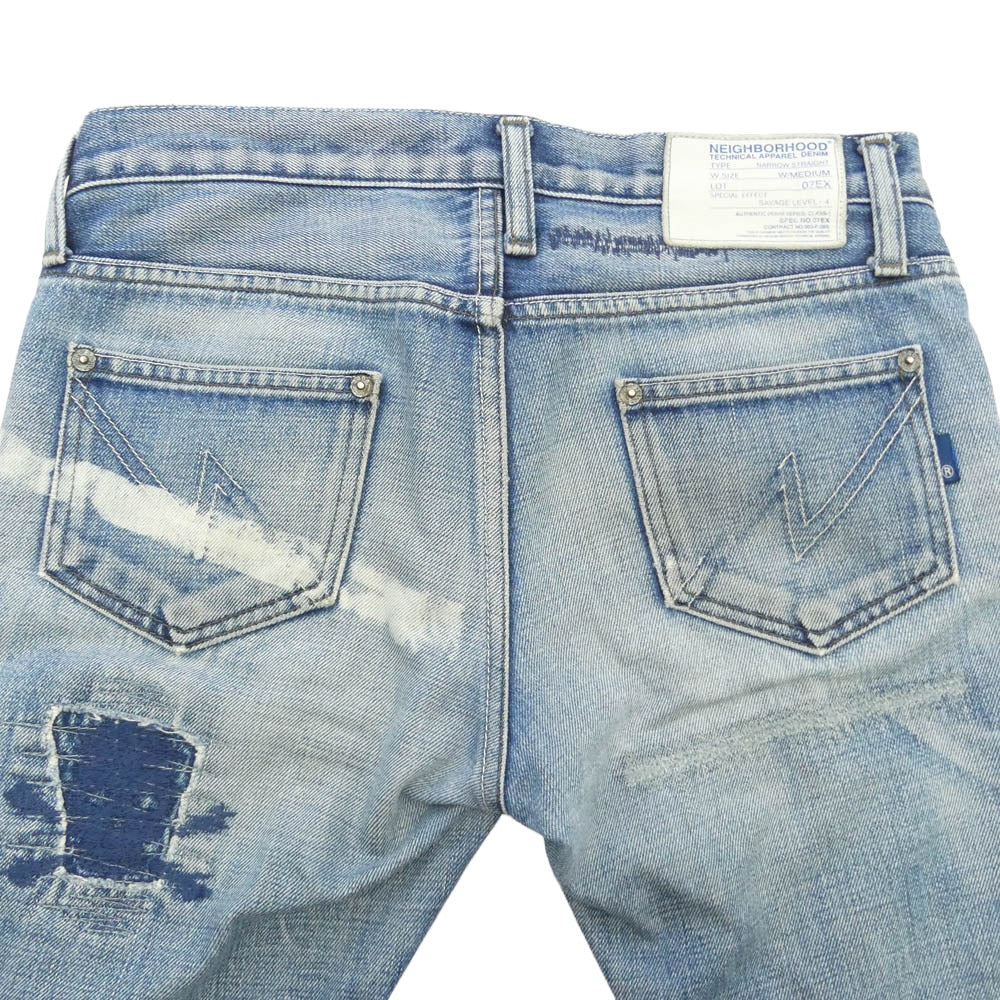 NEIGHBORHOOD ネイバーフッド 07EX 003-F-28S Scab Savage LEVEL4 NARROW STRAIGHT サベージ ナローストレート セルビッジ ダメージ加工 デニムパンツ ブルー系 M【中古】