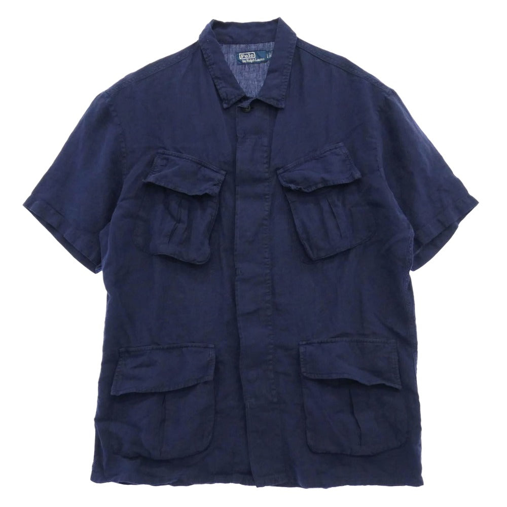 POLO RALPH LAUREN ポロ・ラルフローレン リネン 100% マルチポケット 半袖 シャツ ネイビー系 L【中古】