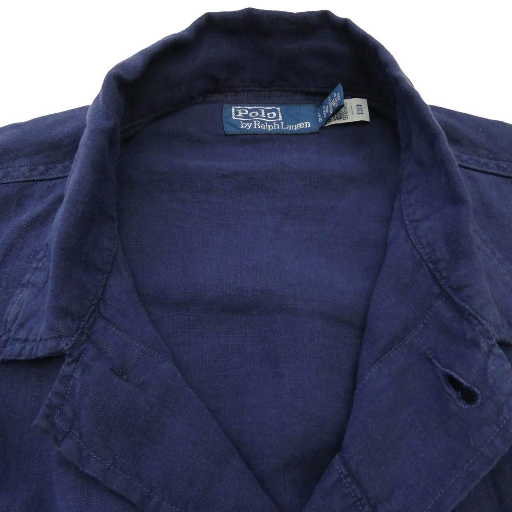 POLO RALPH LAUREN ポロ・ラルフローレン リネン 100% マルチポケット 半袖 シャツ ネイビー系 L【中古】