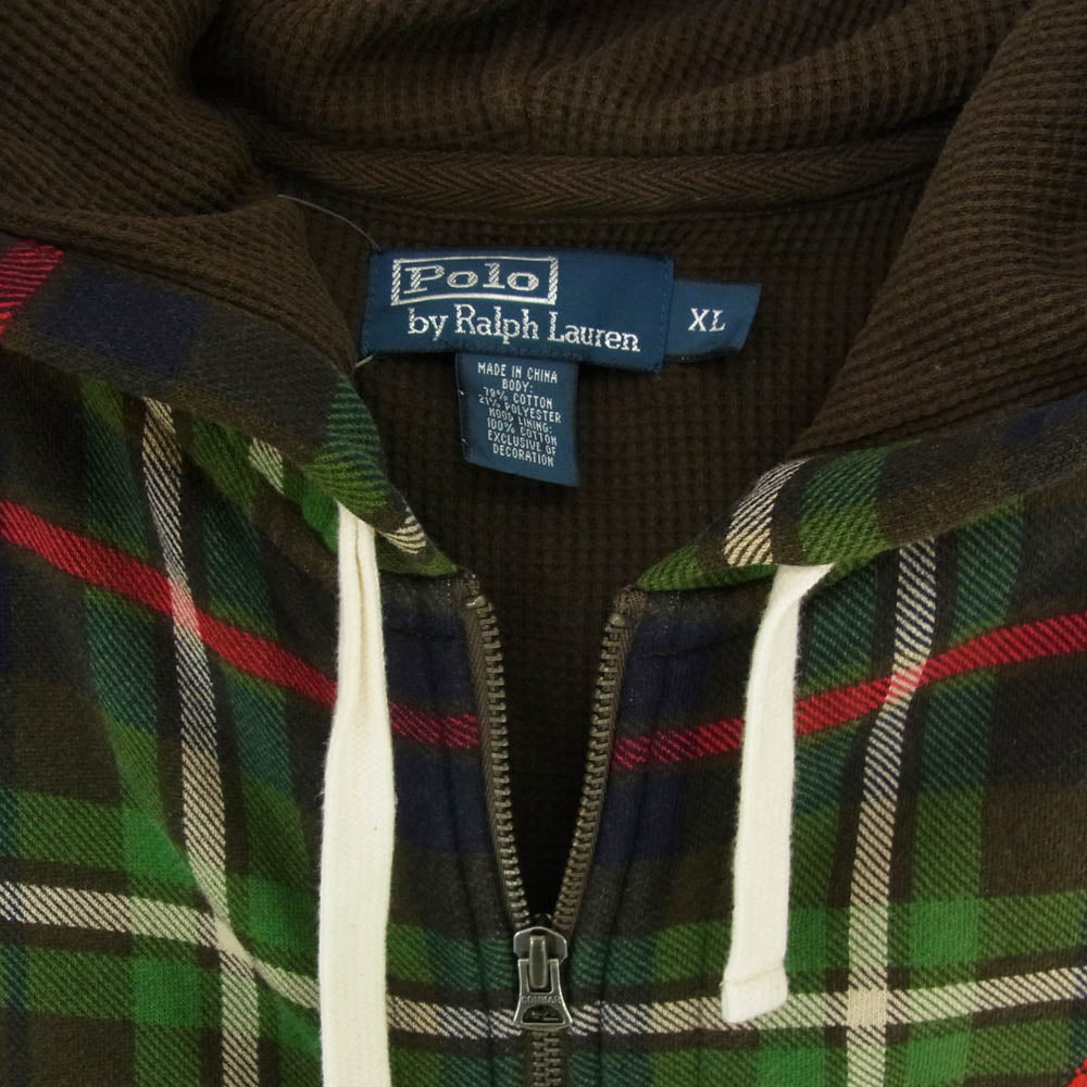 POLO RALPH LAUREN ポロ・ラルフローレン MNBLKIM1C00117 90s VINTAGE ヴィンテージ 裏サーマル チェック柄 ジップアップ フーディ パーカー グリーン系 XL【中古】