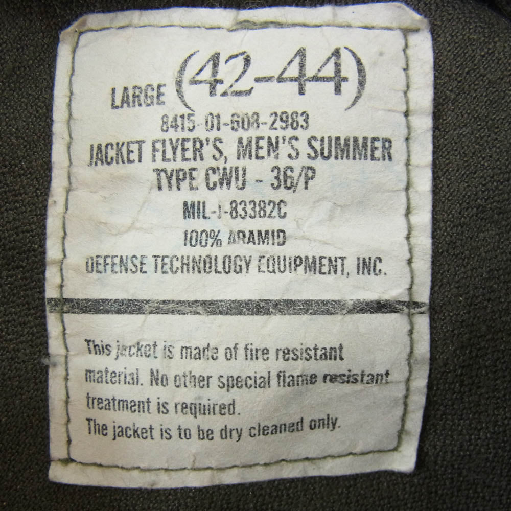 米軍 8415-01-608-2983 CWU-36P DEFENSE TECHNOLOGY EQUIPMENT.INC製 フライト ジャケット カーキ系 L【中古】