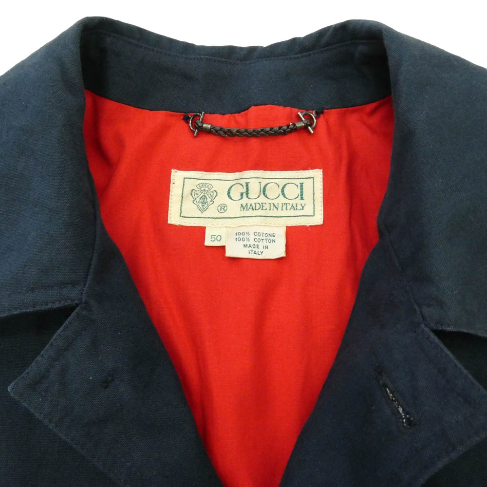 GUCCI グッチ イタリア製 ヴィンテージ 裾リブ ロゴ編み 比翼 スウィングトップ ブルゾン ジャケット ネイビー系 50【中古】