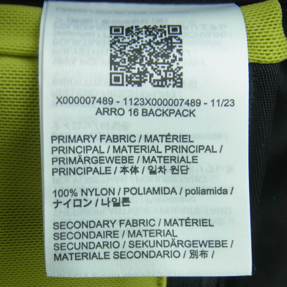 ARC'TERYX アークテリクス X000007489 23年製 ARRO 16 BACKPACK アロー バックパック バッグ リュック ブラック系 イエロー系【中古】