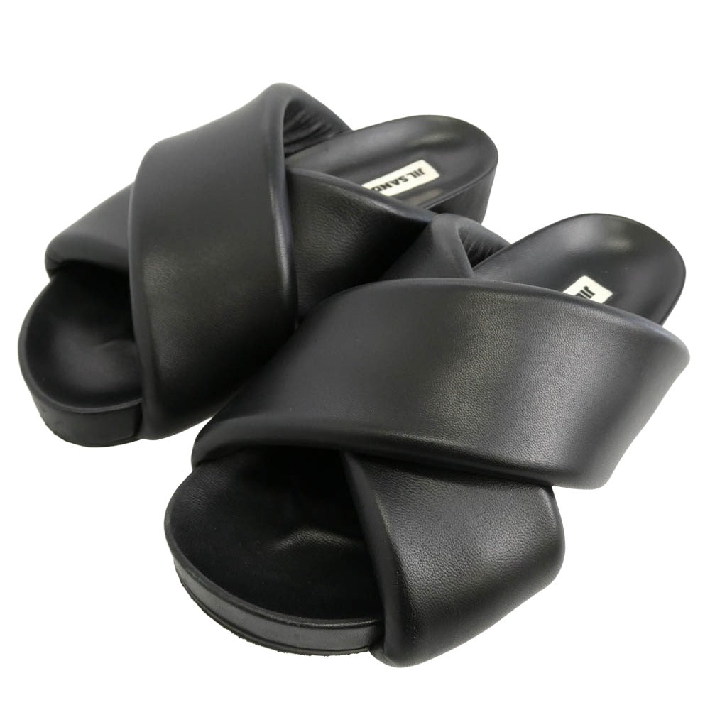 JIL SANDER ジルサンダー NAPPA SENTANIL シープ レザー クロスストラップ スライド サンダル ブラック系 38【中古】