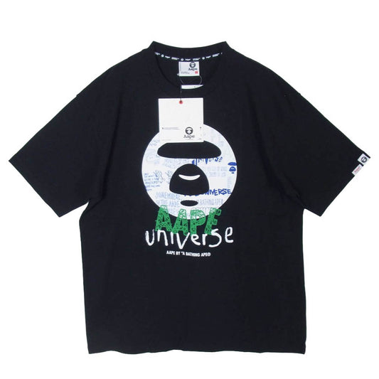 A BATHING APE アベイシングエイプ AAPTEM1433XXM AAPE Moonface Printed Tee エーエイプ ムーンフェイス ロゴ プリント Tシャツ 半袖 カットソー ブラック系 L【新古品】【未使用】【中古】