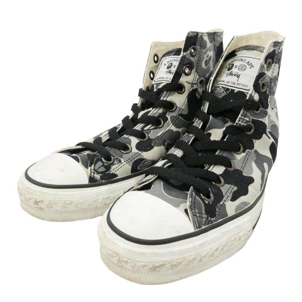 A BATHING APE アベイシングエイプ STUSSY ステューシー 191-030 × STUSSY APE STA ステューシー グレイカモ サルカモ キャンバス ハイカット スニーカー マルチカラー系 8.5【中古】