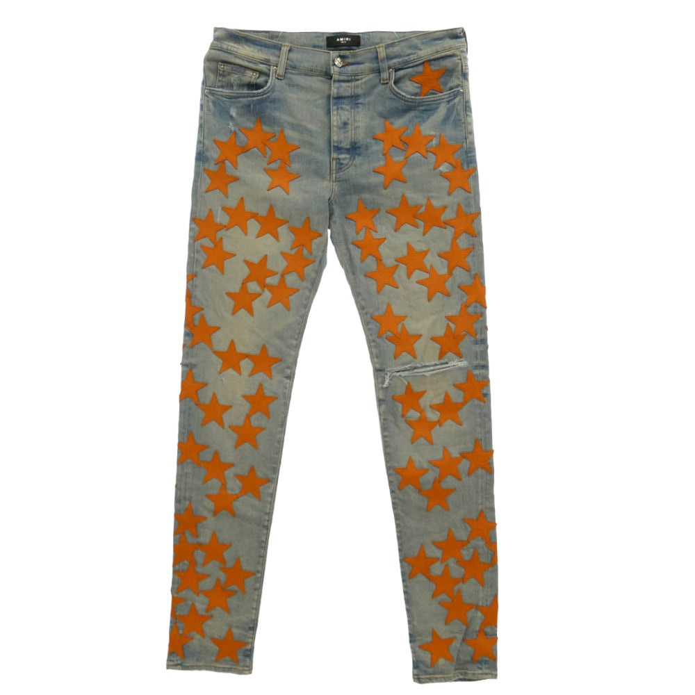 AMIRI アミリ CHEMIST STAR JEANS ケミスト ダメージ加工 レザースターパッチ デニムパンツ インディゴブルー系 オレンジ系 36【中古】