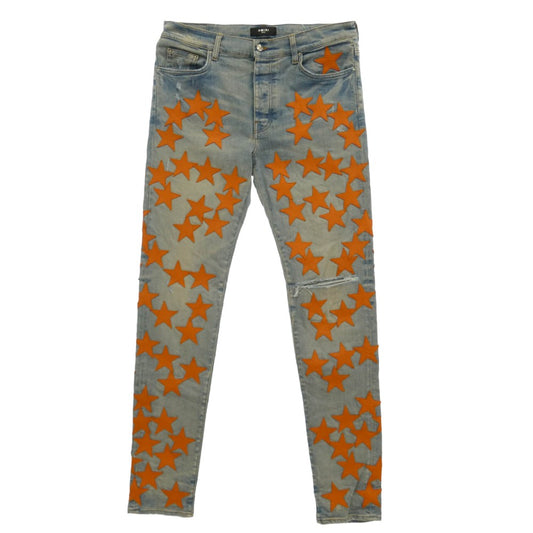 AMIRI アミリ CHEMIST STAR JEANS ケミスト ダメージ加工 レザースターパッチ デニムパンツ インディゴブルー系 オレンジ系 36【中古】