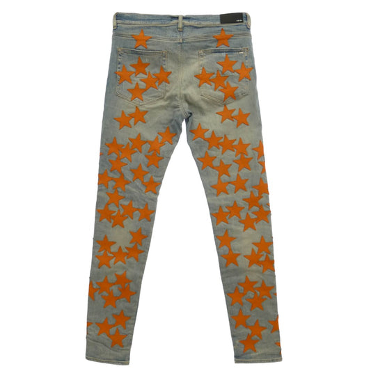 AMIRI アミリ CHEMIST STAR JEANS ケミスト ダメージ加工 レザースターパッチ デニムパンツ インディゴブルー系 オレンジ系 36【中古】