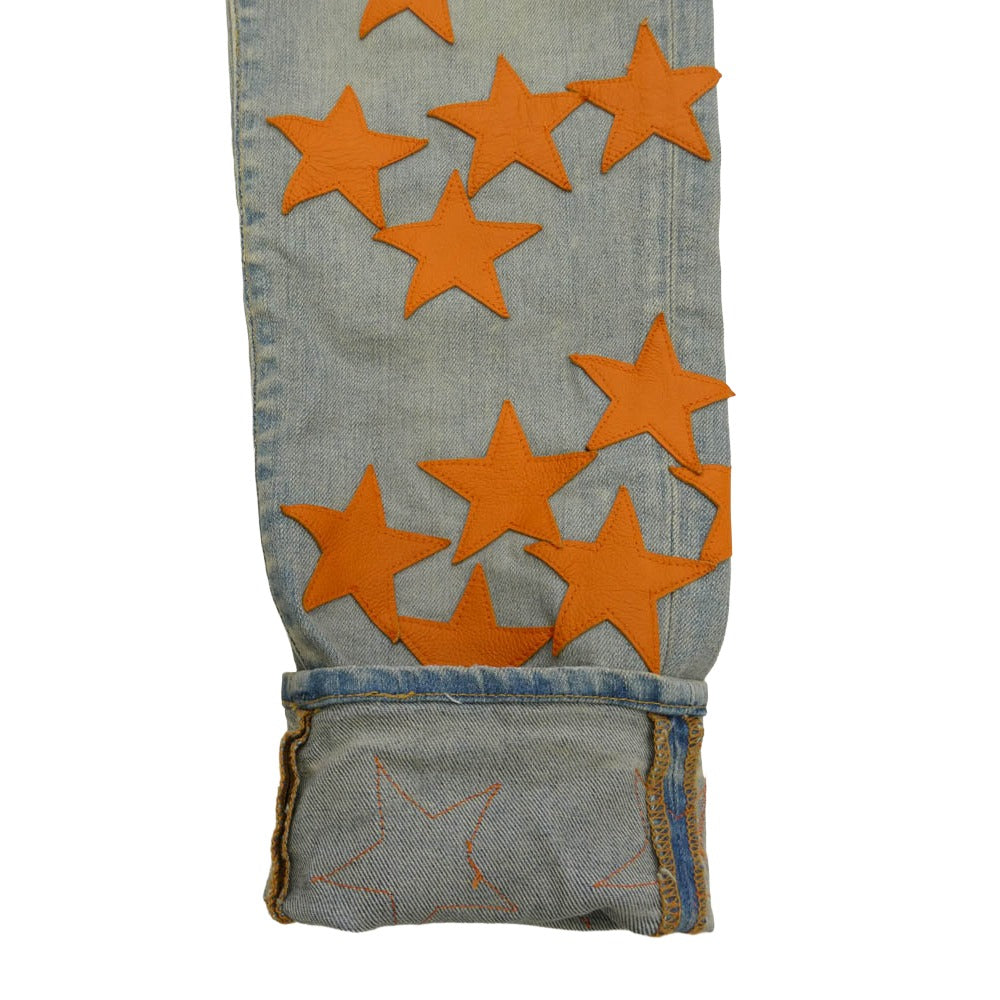 AMIRI アミリ CHEMIST STAR JEANS ケミスト ダメージ加工 レザースターパッチ デニムパンツ インディゴブルー系 オレンジ系 36【中古】