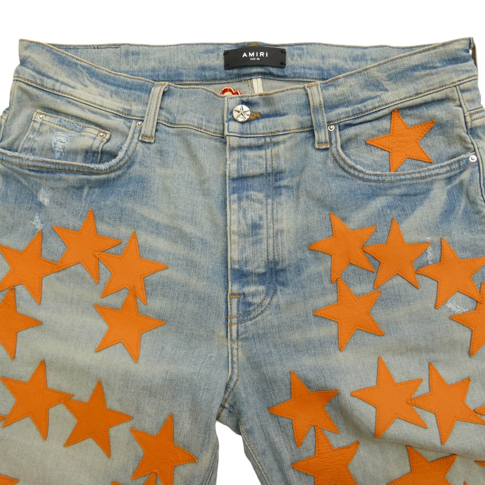 AMIRI アミリ CHEMIST STAR JEANS ケミスト ダメージ加工 レザースターパッチ デニムパンツ インディゴブルー系 オレンジ系 36【中古】