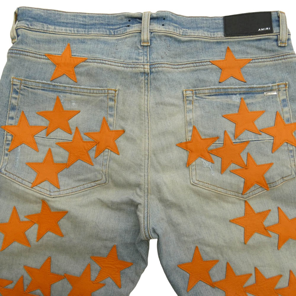 AMIRI アミリ CHEMIST STAR JEANS ケミスト ダメージ加工 レザースターパッチ デニムパンツ インディゴブルー系 オレンジ系 36【中古】