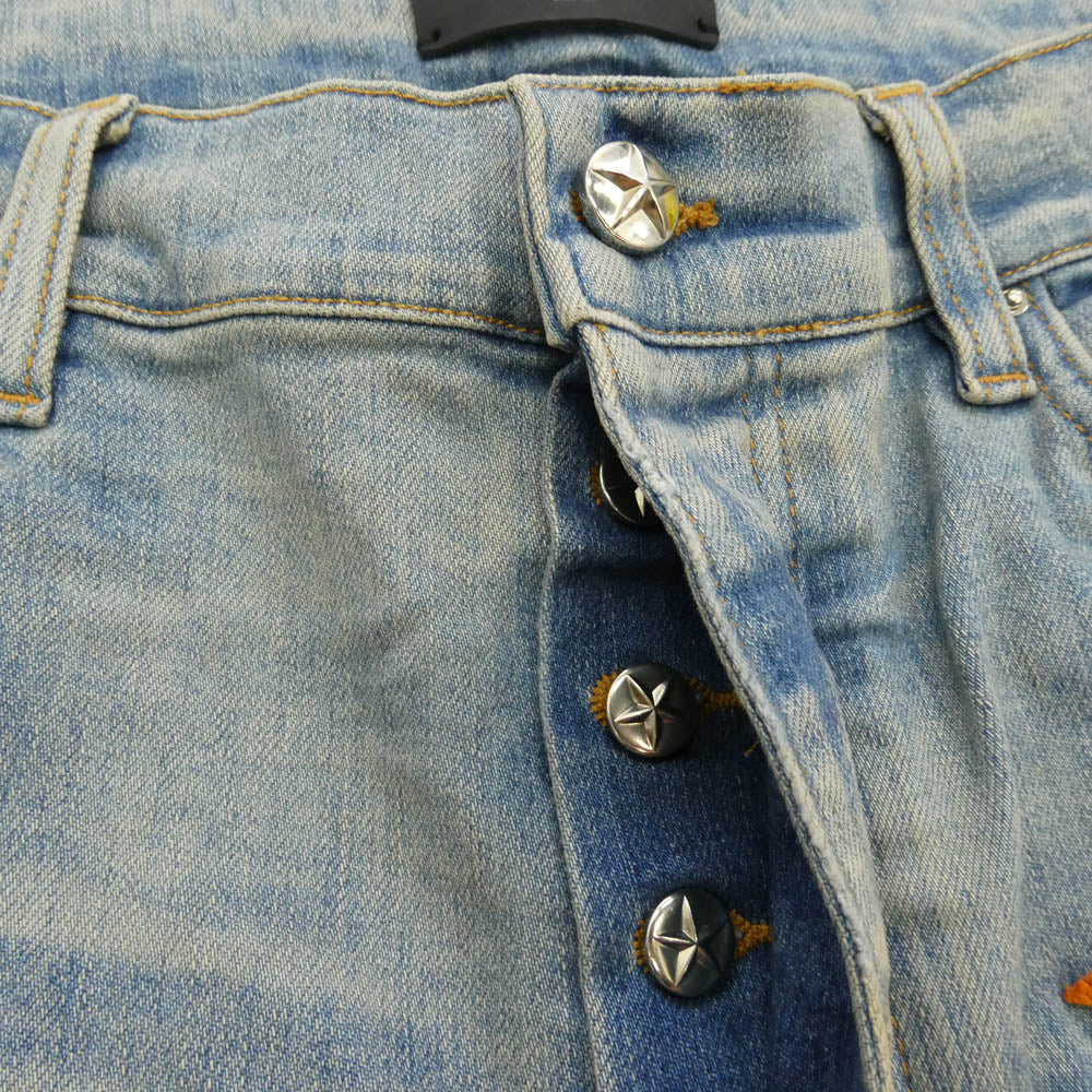 AMIRI アミリ CHEMIST STAR JEANS ケミスト ダメージ加工 レザースターパッチ デニムパンツ インディゴブルー系 オレンジ系 36【中古】