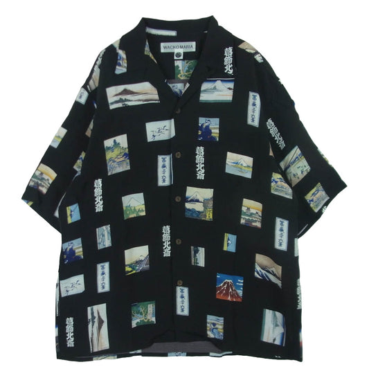 WACKO MARIA ワコマリア HOKUSAI-WM-HI01 葛飾北斎 S/S HAWAIIAN SHIRT オープンカラー レーヨン ハワイアン 半袖 シャツ ブラック系 M【中古】