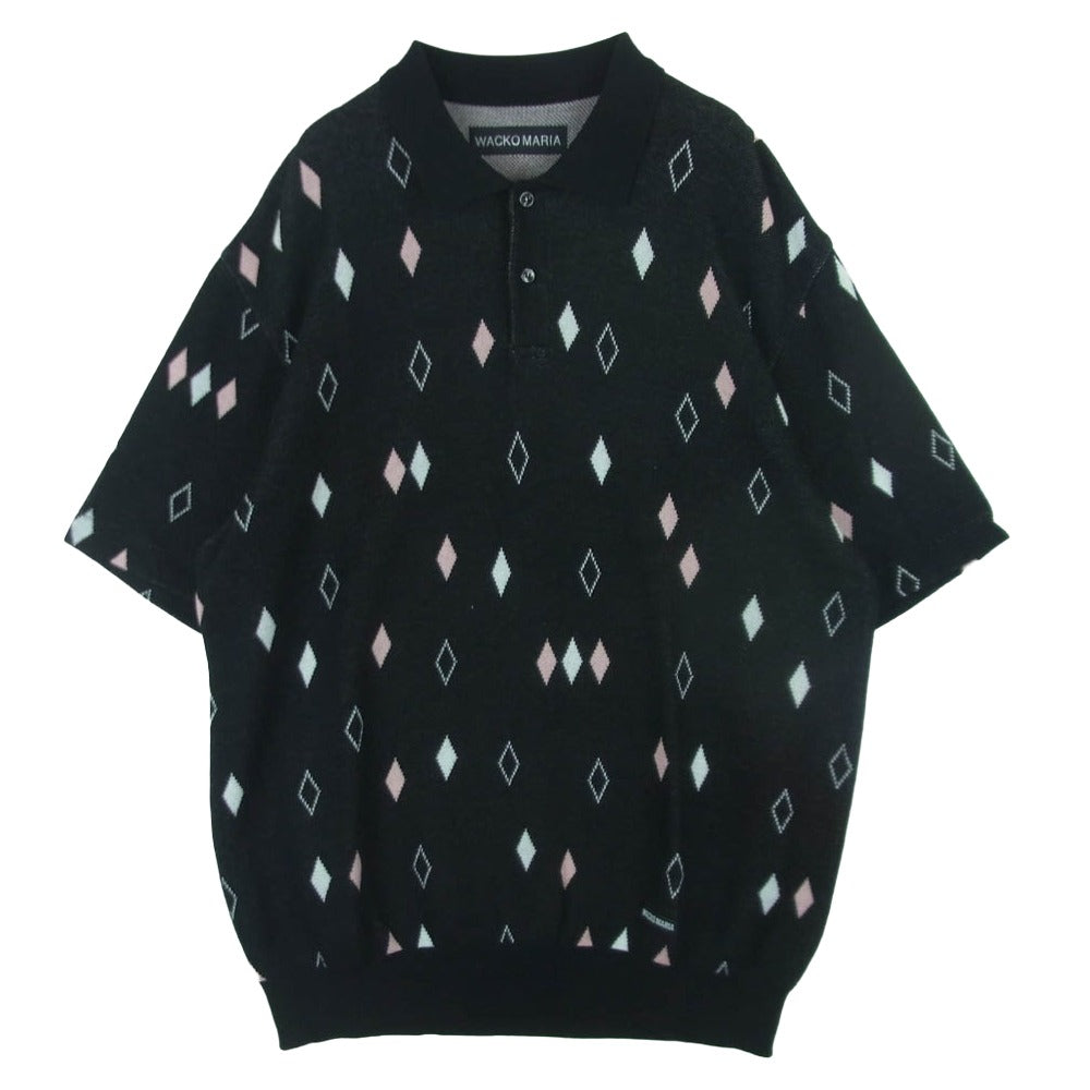 WACKO MARIA ワコマリア 25SS DIAMOND JACQUARD KNIT POLO SHIRT ダイアモンド ジャカード ニット ポロシャツ 半袖 スキッパー シャツ ブラック系 ピンク系 ホワイト系 L【中古】