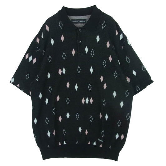 WACKO MARIA ワコマリア 25SS DIAMOND JACQUARD KNIT POLO SHIRT ダイアモンド ジャカード ニット ポロシャツ 半袖 スキッパー シャツ ブラック系 ピンク系 ホワイト系 L【中古】