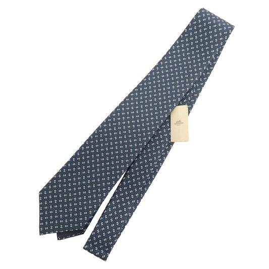 HERMES エルメス Hパール Hロゴ 総柄 シルクネクタイ ネイビー系 ライトブルー系【新古品】【未使用】【中古】
