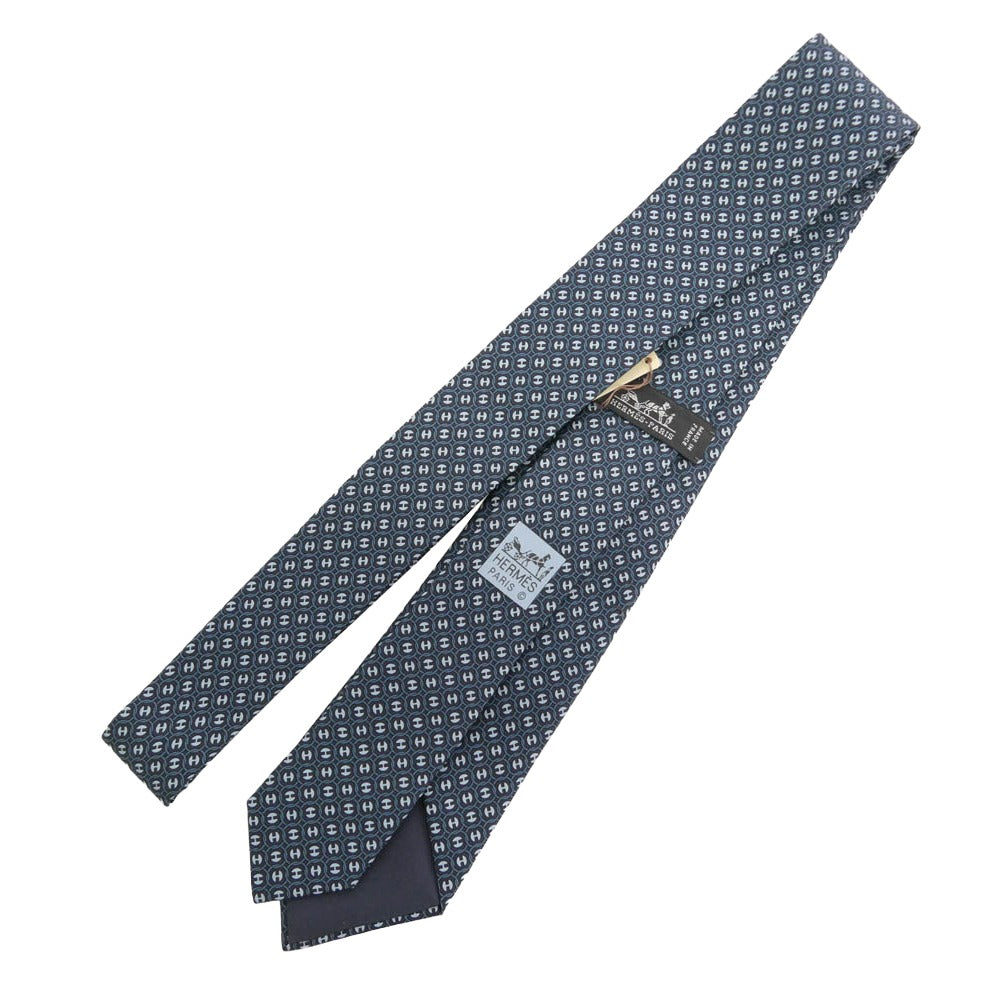 HERMES エルメス Hパール Hロゴ 総柄 シルクネクタイ ネイビー系 ライトブルー系【新古品】【未使用】【中古】