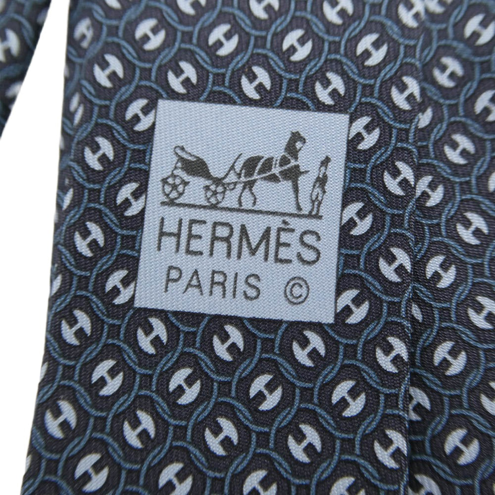 HERMES エルメス Hパール Hロゴ 総柄 シルクネクタイ ネイビー系 ライトブルー系【新古品】【未使用】【中古】