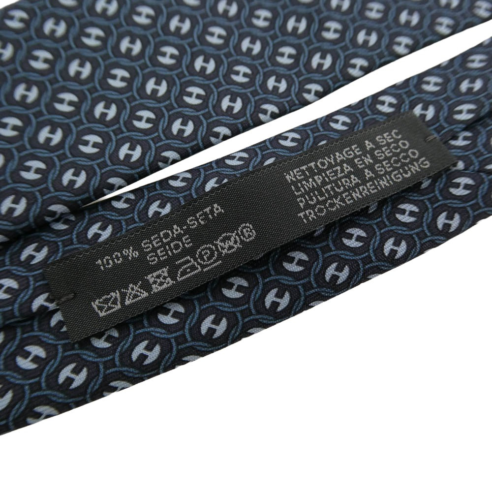 HERMES エルメス Hパール Hロゴ 総柄 シルクネクタイ ネイビー系 ライトブルー系【新古品】【未使用】【中古】