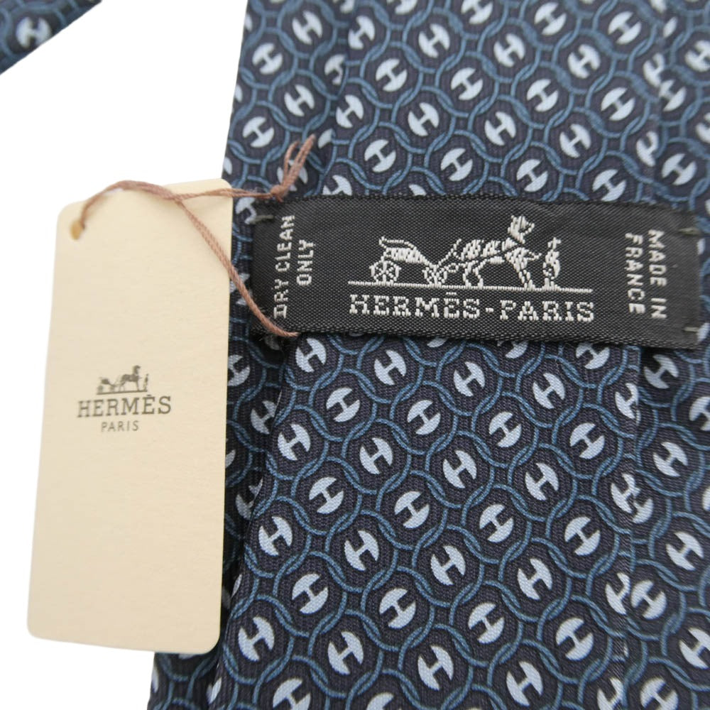 HERMES エルメス Hパール Hロゴ 総柄 シルクネクタイ ネイビー系 ライトブルー系【新古品】【未使用】【中古】